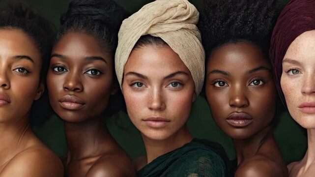 Diverse female faces with varying skin tones and expressions celebrating beauty and multicultural connection, close-up footage