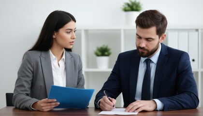 Obraz premium Business professionals collaborating on documents in modern office