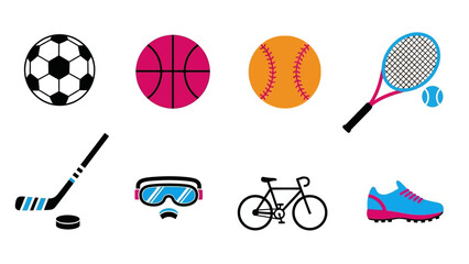 Colorful sports symbols set featuring equipment for various games and activities
