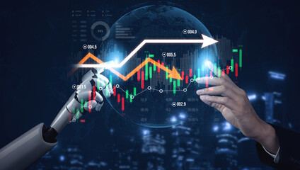 A robotic hand and a human hand come together to analyze financial trends on a digital interface showcasing growth charts against a city backdrop. Scalp