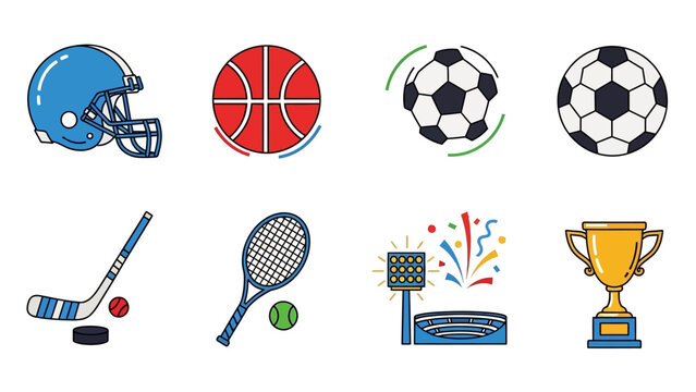 Colorful sports icon set featuring various equipment in a modern flat design
