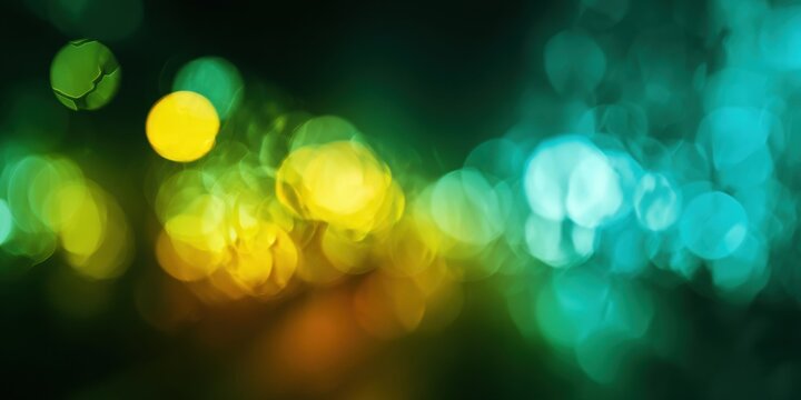 Abstract defocused multicolored bokeh lights green yellow blue blurred festive background glowing circles artistic holiday pattern dreamy texture celebration night atmosphere motion - Powered by Adobe