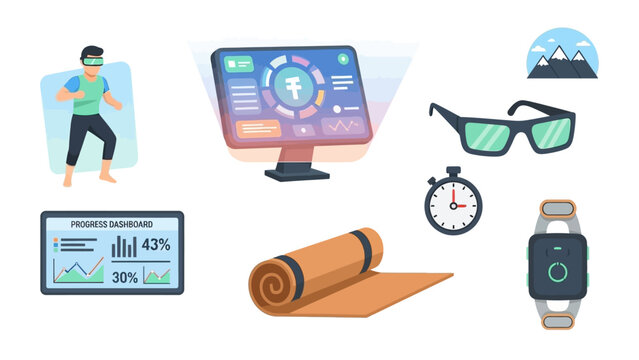 Virtual fitness training concept with wearable tech and digital elements