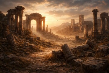 Sunset light illuminates the remains of an ancient site featuring crumbling pillars and scattered stones in a vast landscape.