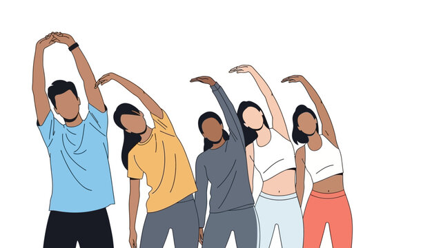 Group fitness routine: diverse people exercising together in casual outfits