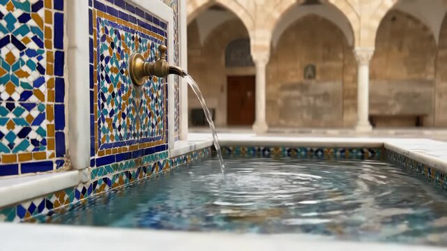 Close-up of a decorative water fountain in a courtyard, featuring colorful mosaic tiles and a stream of water.