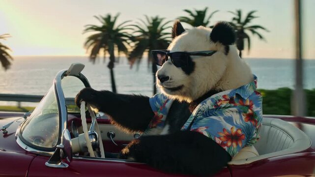 A relaxed panda in sunglasses and a Hawaiian shirt rides a convertible along the seashore.