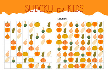 Pumpkins sudoku, educational game or leisure puzzle activity worksheet illustration, printable grid to fill in missing images, autumn Thanksgiving topical vocabulary, with solution, teacher resources