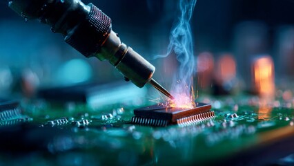 Soldering small component on circuit board with smoke
