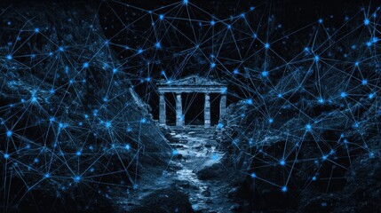 A view of ancient stone architecture set against a background filled with a data foundation and network patterns, showcasing a blend of old and new.