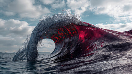 Surreal ocean wave made of intertwined wires and surging red water under a cloudy sky