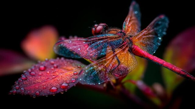 Colorful dragonfly resting on a leaf with water droplets