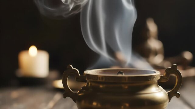 Close-up of an ornate, antique-style incense burner releasing plumes of white smoke. A softly lit candle and a statue are visible in the blurred background.