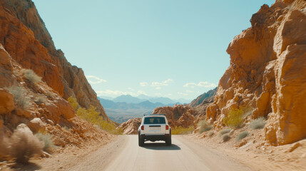 Adventurous couple driving suv through scenic mountainous landscape