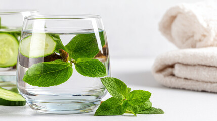 Refreshing sleepy girl mocktail in clear glass with mint and cucumber garnish