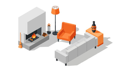 Cozy isometric living room with fireplace and modern furniture in orange and gray tones