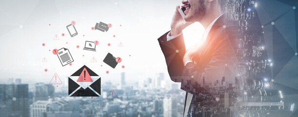 A businessman is seen making a phone call against a vibrant cityscape, surrounded by digital elements representing email alerts and notifications in a modern work environment. Gantry