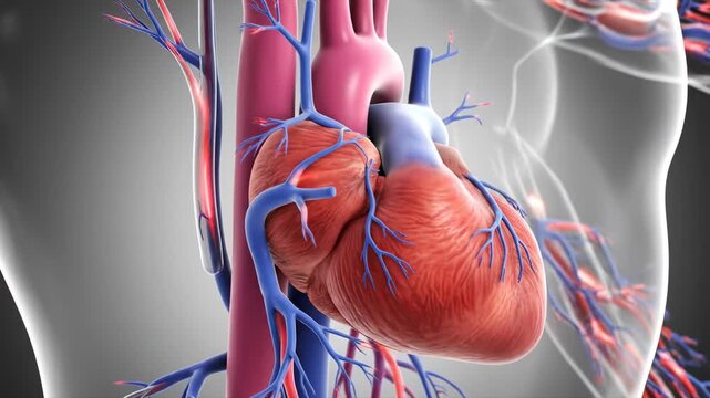 Human heart with coronary arteries and veins, illustration of anatomy for medical science or biology education purposes