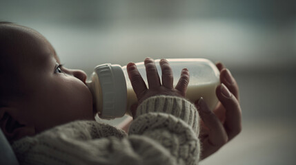 Naklejka premium Baby drinking milk formula from bottle held by caregiver hand