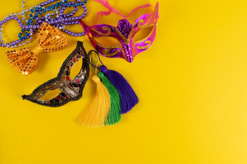 Mardi Gras background. Mardi Gras festive banner. Colorful beautiful masks with space for text. © Mantas Žiličius