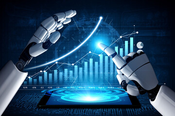 Two robotic hands engage with digital analytics, showcasing growth and innovation in technology. A futuristic representation of progress in data visualization. Scalp