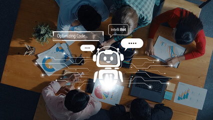 A diverse team collaborates on software development in a modern workspace, utilizing an AI assistant to enhance their productivity and optimize coding processes. Trope