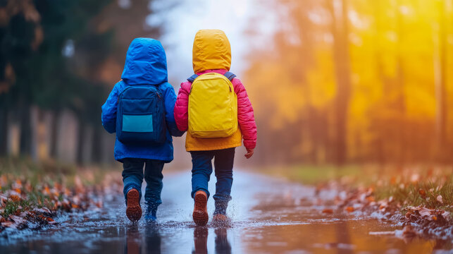 Childhood adventure: Two young friends in vibrant rain gear and school backpacks walk hand-in-hand, joyfully splashing through reflective puddles on beautiful autumn path.