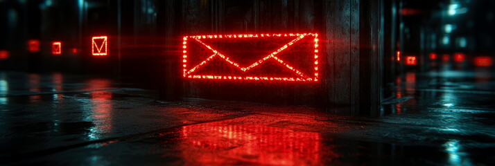 Glowing red email envelope icon in dark, rainy cyberpunk alley, symbolizing urgent digital communication, hacking, or critical system alert in dystopian future setting.