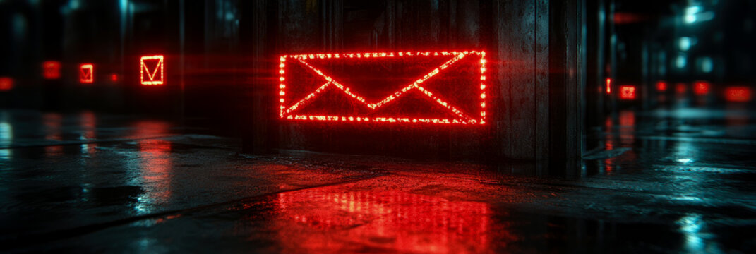 Glowing red email envelope icon in dark, rainy cyberpunk alley, symbolizing urgent digital communication, hacking, or critical system alert in dystopian future setting.
