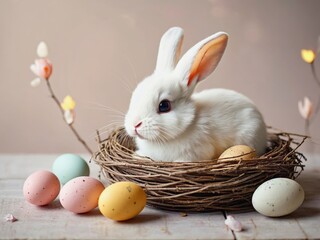 Cute bunny sitting in a nest with eggs