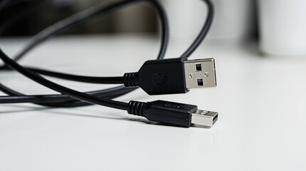 Fototapeta premium Cabo USB preto, em uma loja de tecnologia em desfoque.