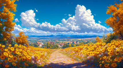 Picturesque autumn vista featuring stone path meandering through brilliant yellow fields towards charming village, framed by golden trees under clear blue, cloudy sky