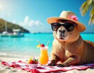 Playful capybara in a hat, enjoying summer fun