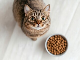 Sweet cat looking up with big, curious eyes