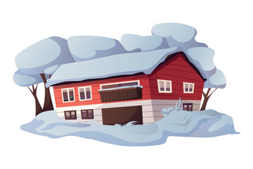 Cozy winter house covered with snow, warm red family home in snowy landscape, peaceful seasonal cartoon vector illustration, cold weather comfort, wintertime living concept.