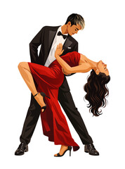 Elegant Dancing Couple in Passionate Latin Pose With Red Dress and Black Suit