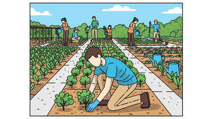 Community gardening scene with people tending plants in allotment