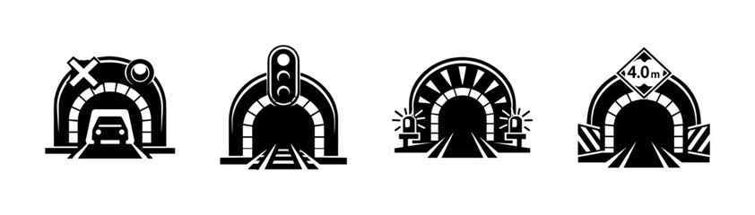 Fototapeta premium Tunnel road and railway vector icons set, flat silhouette transport symbols