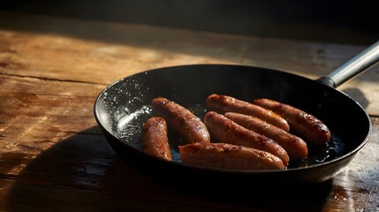Sizzling sausages on wood a warm breakfast scene evokes cozy comfort food appeal