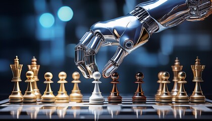 a metallic robotic hand performing a chess move in a strategic game generative ai
