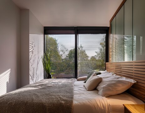 a modern window with brise soleil in a comfortable bedroom