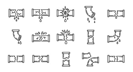 Set of broken pipe icons with water leaks, representing plumbing issues, damage, and repair needs. This editable stroke vector cartoon illustration is perfect for UI elements, placards, books, apps