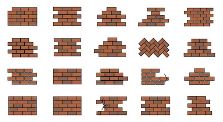 Collection of diverse brick wall patterns and textures, including standard bricklaying, herringbone, and cracked sections, presented as flat vector illustrations on a clean white background, ideal