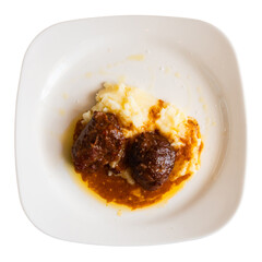 Pork belly is grilled with soft mashed potatoes. Hearty dinner made from meat dish and potato side dish. Isolated over white background