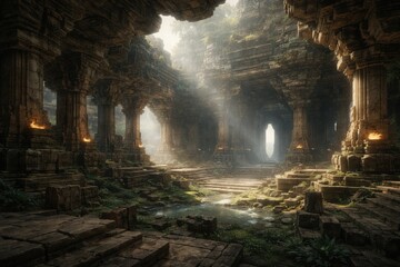 Light shines through cracks in the ancient temple ruins, revealing overgrown stones and a serene atmosphere filled with history and nature.