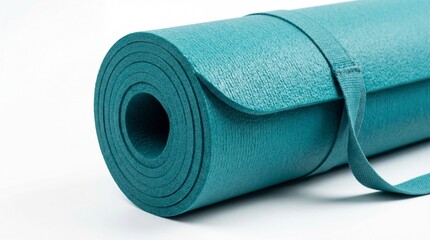 Rolled up blue teal foam yoga mat isolated on white background for fitness exercise pilates and healthy lifestyle sport equipment