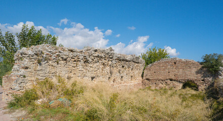 Ancient Brick Ruins in a Sunny Field, Surrounded by Wild Grass and Nature