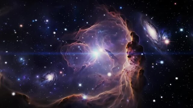 Video of a colossal cosmic nebula, featuring vibrant gas pillars in deep space with twinkling stars and galaxies. Smooth camera drift. Concept of sublime cosmic beauty