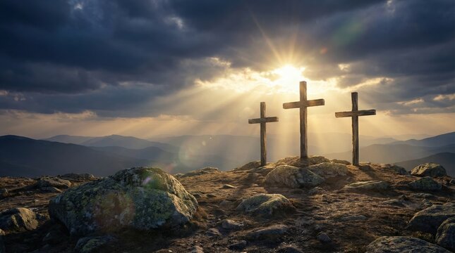Three wooden crosses stand on a rocky mountain peak at sunrise with dramatic sunbeams
