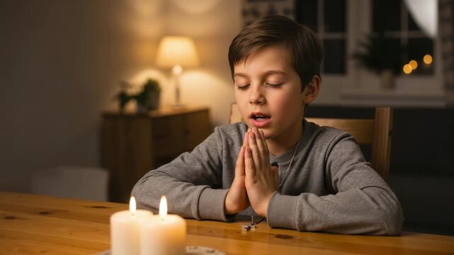 Portrait of a young boy praying with clasped hands and a rosary. Child sitting at a table with lit candles during the evening. Religious faith and childhood devotion